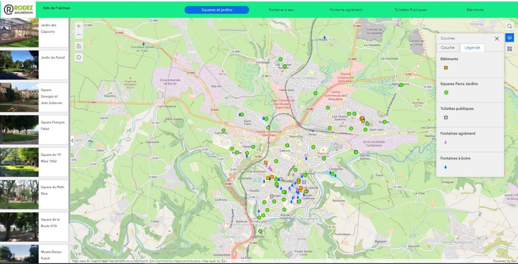 Visuel de l'écran de la carte en ligne représentant les ilots de fraicheurs sur l'agglomération